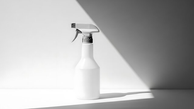 Minimalist white spray bottle with strong diagonal shadow.