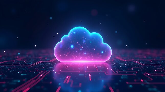 Glowing cloud computing icon on a futuristic circuit board, digital data concept