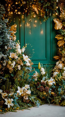 A festive holiday decoration with a green door white flowers and golden lights