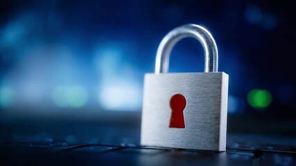Securing Digital Frontiers: A close-up of a silver padlock, the embodiment of data protection and privacy, silhouetted against a futuristic, blurred backdrop. Symbolizing digital safety.
