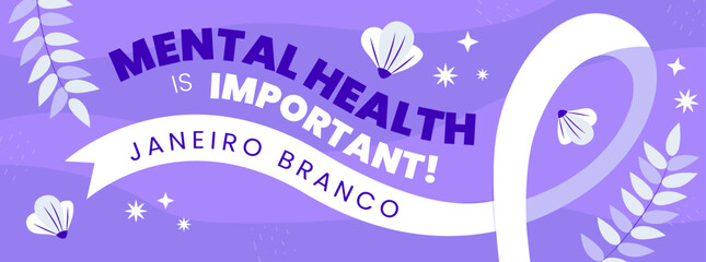 Flat Janeiro Branco horizontal banner, Mental health is important. vector illustration design purple color
