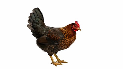 A striking domestic chicken is prominently featured against a pristine white background, showcasing its beautiful iridescent brown and black plumage, vibrant red comb, and wattles. The bird stands gra