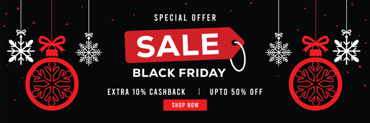Festive Black Friday sale banner with hanging snowflakes and gift boxes, bold red and white typography on black background, special offer, extra cashback and discounts, modern holiday promotion design