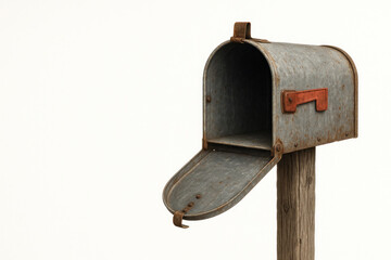 Open old metal mailbox on a wooden stand. Space for text.