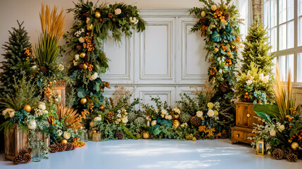 A photograph of a festive indoor setting with a variety of decorative elements including garlands floral arrangements and seasonal decorations