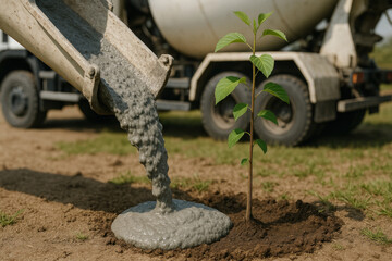 Pouring concrete next to a young seedling at the construction site.