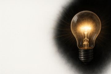 A glowing light bulb in the contrast of light and darkness. Space for text.