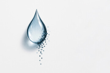Pixel destruction of a transparent drop of water. Space for text.