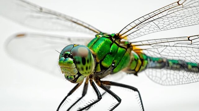 A stunningly detailed macro shot captures the intricate beauty of a vibrant green dragonfly against a pristine white background. The insect's large, multifaceted compound eyes, iridescent emerald body