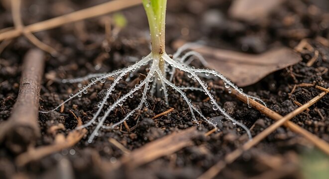 macro close-up of a tiny seedling with exposed fibrous root system in dark soil for organic farming guides, botany lessons, and sustainable gardening articles