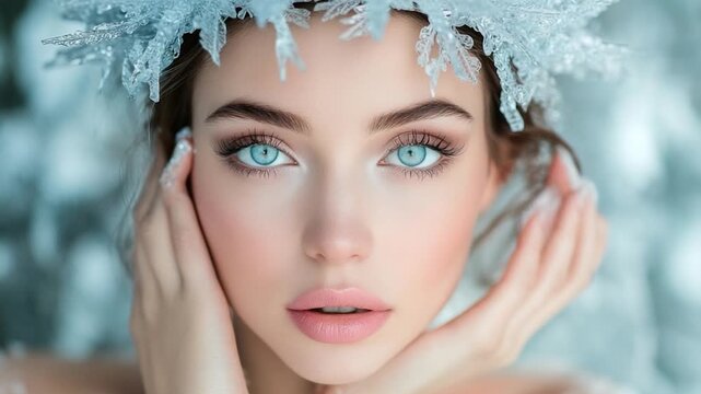 Video A woman wearing a snow crown on her head in a winter landscape