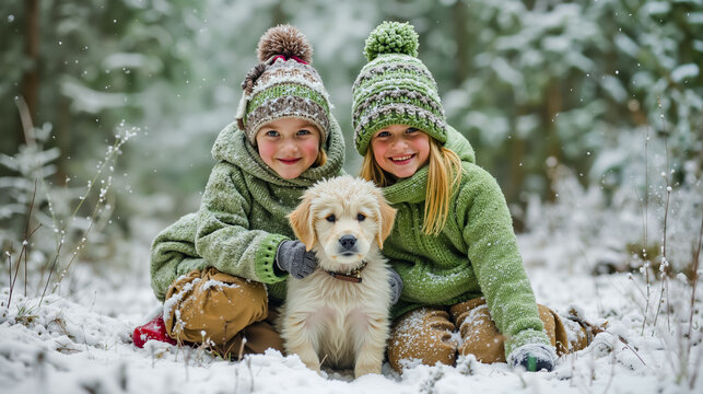 Two young girls wearing matching green hats and jackets are sitting in the snow with a golden retriever