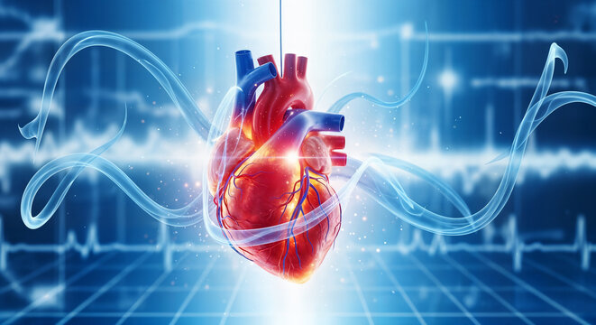 Human heart with abstract blue lines and ecg waveform, medical technology concept