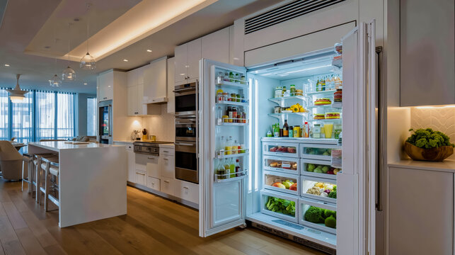 A modern kitchen with a large refrigerator open revealing a variety of food and drinks