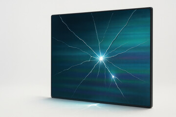 Glowing cracks on the glass panel in a darkened space. Space for text.