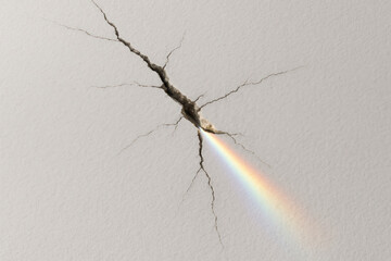 Rainbow light coming out of a crack in the wall. Space for text.