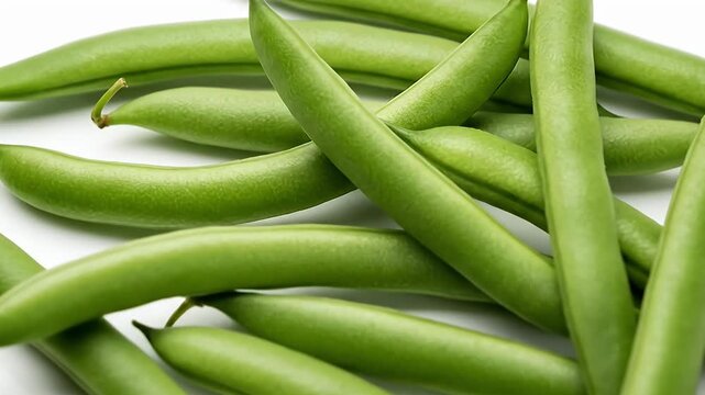 A vibrant close-up features fresh, crisp green beans, also known as snap beans, scattered on a pristine white background. The healthy pods showcase their natural green color and appealing texture, ide
