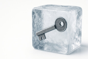 A metal key frozen inside a transparent ice cube. Space for text.
