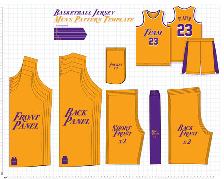 fashion pattern for a men’s basketball fan jersey, featuring graded sizes, garment outlines, technical layout and updated color panels designed for apparel creators and sportswear pattern