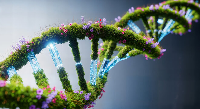 Biological dna structure intertwined with lush green moss and vibrant flowers