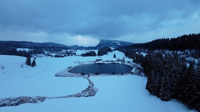 Aerial view of the tranquil Lake Ter surrounded by snow-laden landscapes, dark forest, and a distant mountain under a cloudy sky, Le Lieu, Vaud, Switzerland.