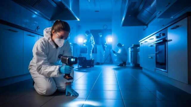 Female forensic scientist in a white suit investigating a crime scene, using a flashlight to find evidence in a kitchen at night, law enforcement.