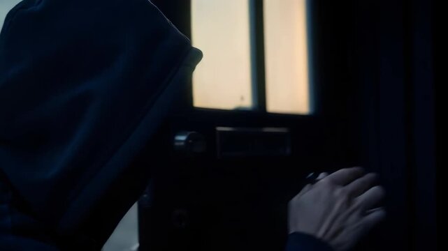 Man in hoodie attempting to pick a lock, then successfully opening the door. burglary, crime, and security breach concept.