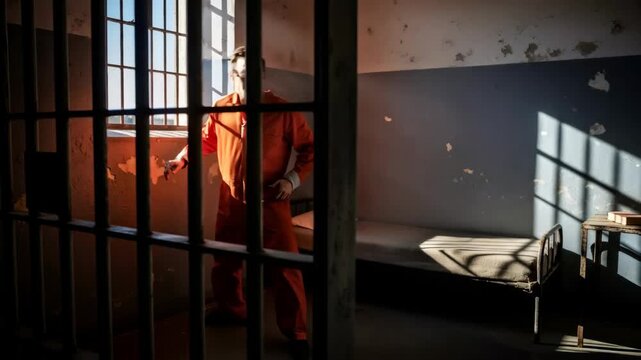 Prisoner looking through barred window of cell with bed, light, and table with book. Incarceration and confined life concept.