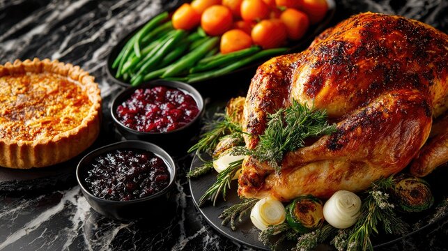 Roasted Holiday Turkey with Vegetables, Pies, and Festive Side Dishes
