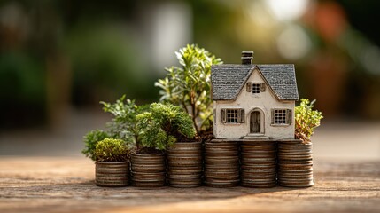 Real Estate and Financial Growth Symbolized by House Model and Coin Stacks with Plants