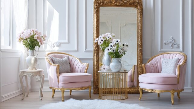 light baroque sitting room with curved armchairs, pastel upholstery, golden framed mirror, rococo side table, vase with anemones, bright soft sunlight