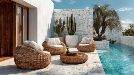 Luxury Outdoor Lounge with Wicker Furniture and Poolside Mediterranean Ambience