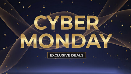 Exclusive Cyber ​​Monday deals. A festive banner concept on a dark blue background with gold confetti and a sheer veil.