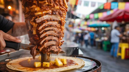 Chef carving sizzling al pastor meat from vertical rotisserie in street market
