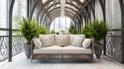 Obraz premium art nouveau covered terrace, ornate arched steel beams, rattan sofa with cream cushions, patterned mosaic floor, potted ferns, soft diffused daylight