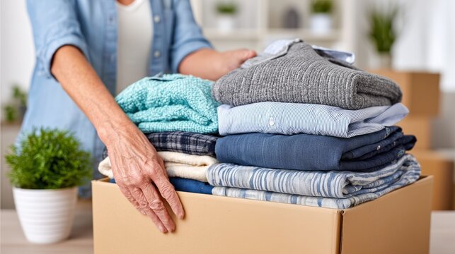 Woman packing clothes into a cardboard box for moving or donation. Relocation, storage, or charity concept with neatly folded garments.