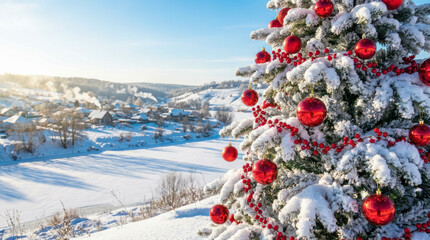 Snow covered Christmas tree with red ornaments in a bright winter landscape, creating a festive holiday background for greeting cards and banner