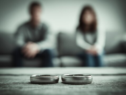 Two wedding rings placed on a table in the foreground, symbolizing divorce, with a blurred couple sitting apart on a couch in the background, conveying emotional distance and separation