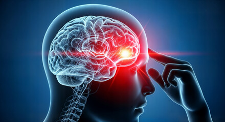 Human head with glowing brain, symbolizing pain, headache, or neurological condition