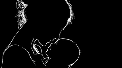 Loving silhouette of a mother embracing her newborn baby against a dark background, symbolizing maternal bond, care, and new life.