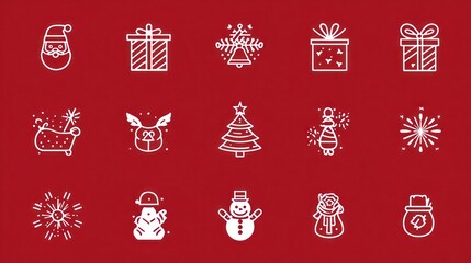 Christmas line icon collection with holiday symbols: Santa Claus, gift, angel, box, bow, bell, Christmas tree, fireworks, snow, snowman, bag and more.