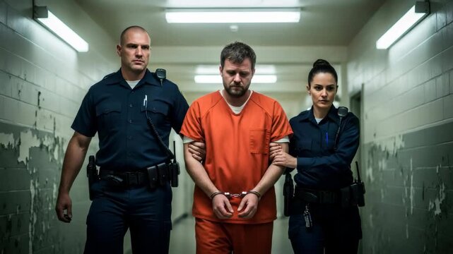 Male prisoner in orange jumpsuit with handcuffs being escorted by male and female guards down a stark prison corridor.