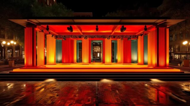 Outdoor stage vibrantly illuminated at night with warm red and orange lights, set for a grand concert or live performance event.