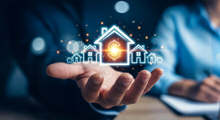Hand holding glowing digital house icons, representing real estate, housing, and finance