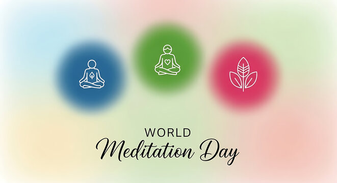 World meditation day illustration with peaceful figures in colorful blurred circles - Powered by Adobe