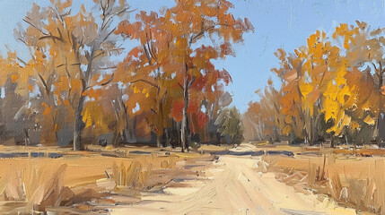 Autumn Country Road with Golden Trees