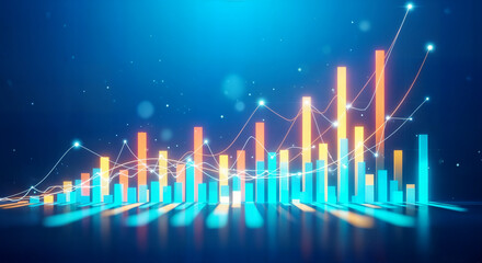 Financial data analysis with glowing bar chart showing growth on a blue background
