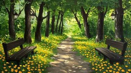 Spring Park Path with Benches and Flowers