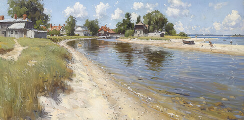 Coastal Lagoon with Sandy Shore and Houses