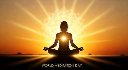 Silhouette of a person meditating peacefully at sunrise with radiant sunbeams and a mandala pattern